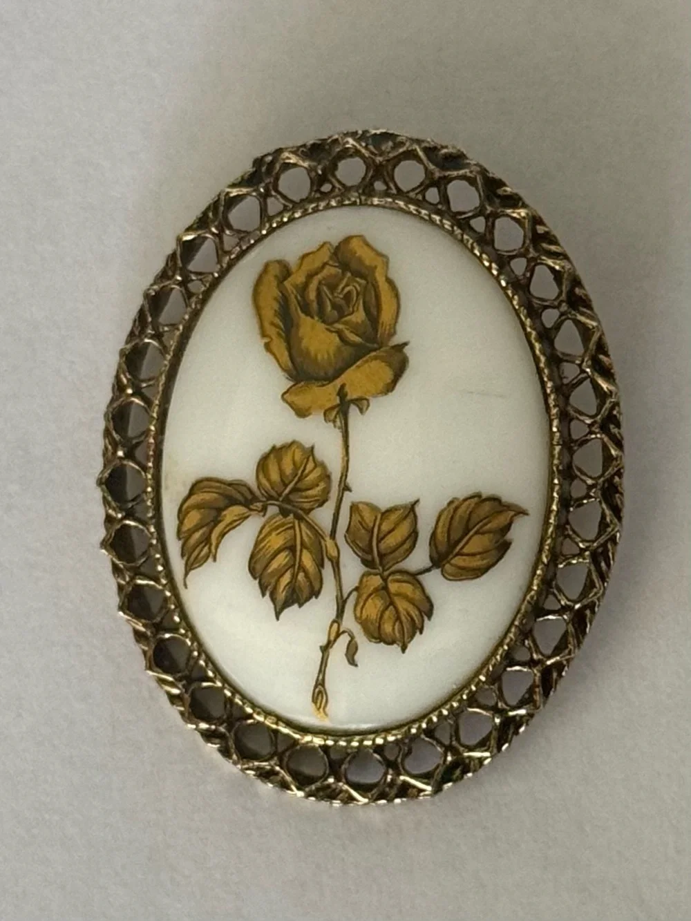 Sold Vintage Romantic Golden Rose Oval Milk Glass Cameo Brooch